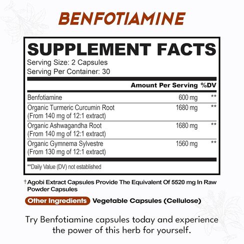 Benfotiamine 600mg Supplement - 2 Months for Digestive System, Energy Production & Immune - Blended Turmeric Curcumin Root, Ashwagandha Root & Organic Gymnema Sylvestre - 2 Packs of 60 Capsules in Kuwait