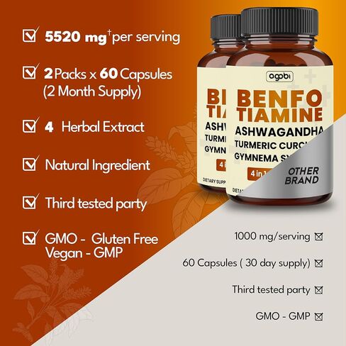 Benfotiamine 600mg Supplement - 2 Months for Digestive System, Energy Production & Immune - Blended Turmeric Curcumin Root, Ashwagandha Root & Organic Gymnema Sylvestre - 2 Packs of 60 Capsules in Kuwait