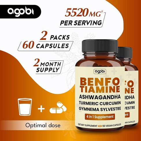 Benfotiamine 600mg Supplement - 2 Months for Digestive System, Energy Production & Immune - Blended Turmeric Curcumin Root, Ashwagandha Root & Organic Gymnema Sylvestre - 2 Packs of 60 Capsules in Kuwait