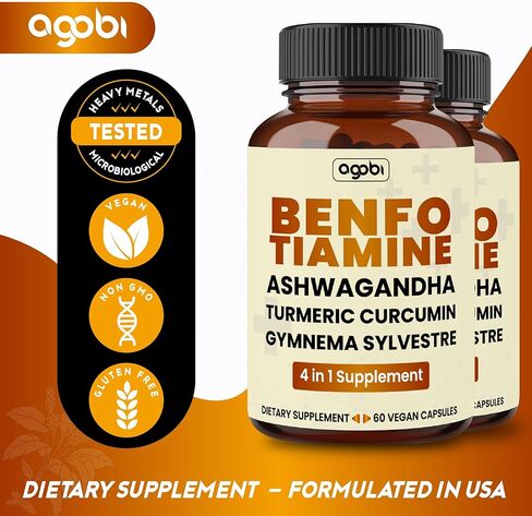 Benfotiamine 600mg Supplement - 2 Months for Digestive System, Energy Production & Immune - Blended Turmeric Curcumin Root, Ashwagandha Root & Organic Gymnema Sylvestre - 2 Packs of 60 Capsules in Kuwait