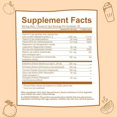 GOBIOTIX Immune Support Supplement - Immunity Defense Powder Wellness Booster - Vegan Superfood - Elderberry, Turmeric, Vitamin C Powder and B12 Vitamin Supplement, Non-GMO and Sugar Free (Orange) in Kuwait