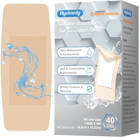 ضمادات سيليكون Hysimedy للبشرة الرقيقة الحساسة - 1.64 بوصة × 4 بوصة (40 قطعة) - حجم واحد كبير للاستحمام للسباحة - سلسلة خالية من الألم وخالية من اللاتكس ومقاومة للماء للغاية in Kuwait