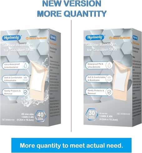 ضمادات سيليكون Hysimedy للبشرة الرقيقة الحساسة - 1.64 بوصة × 4 بوصة (40 قطعة) - حجم واحد كبير للاستحمام للسباحة - سلسلة خالية من الألم وخالية من اللاتكس ومقاومة للماء للغاية in Kuwait