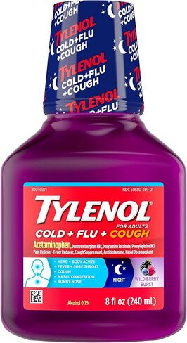 Tylenol Cold + Flu + Cough Night Liquid Medicine with Acetaminophen, Wild Berry, Grabe, 8 Fl Oz in Kuwait