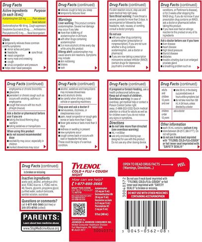 Tylenol Cold + Flu + Cough Night Liquid Medicine with Acetaminophen, Wild Berry, Grabe, 8 Fl Oz in Kuwait