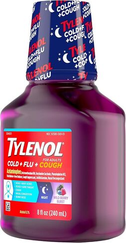 Tylenol Cold + Flu + Cough Night Liquid Medicine with Acetaminophen, Wild Berry, Grabe, 8 Fl Oz in Kuwait