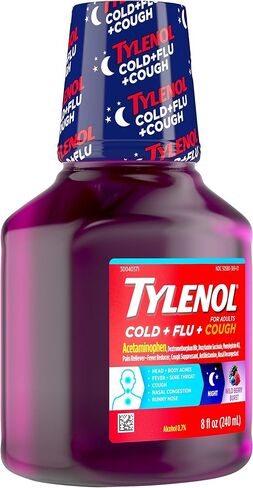 Tylenol Cold + Flu + Cough Night Liquid Medicine with Acetaminophen, Wild Berry, Grabe, 8 Fl Oz in Kuwait