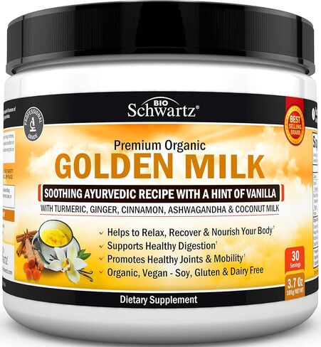 مسحوق حليب كيتو الذهبي العضوي مع اشواغاندا والكركم - للاسترخاء والتعافي - يعزز صحة المفاصل والحركة - يدعم الهضم الصحي - مزيج الأيورفيدا المهدئ مع الفانيليا in Kuwait