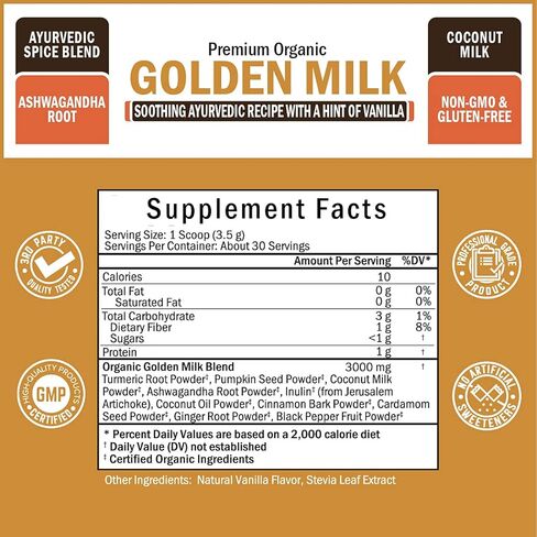 مسحوق حليب كيتو الذهبي العضوي مع اشواغاندا والكركم - للاسترخاء والتعافي - يعزز صحة المفاصل والحركة - يدعم الهضم الصحي - مزيج الأيورفيدا المهدئ مع الفانيليا in Kuwait