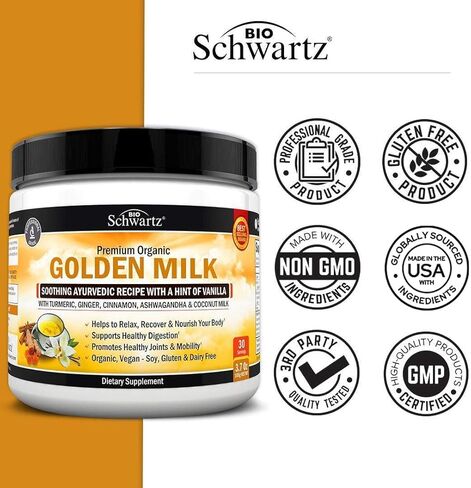 مسحوق حليب كيتو الذهبي العضوي مع اشواغاندا والكركم - للاسترخاء والتعافي - يعزز صحة المفاصل والحركة - يدعم الهضم الصحي - مزيج الأيورفيدا المهدئ مع الفانيليا in Kuwait