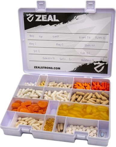 صندوق منظم وحقيبة تخزين للفيتامينات والمكملات الغذائية والأدوية الطبية. حامل آمن للسفر | مقصورات قابلة للتخصيص | حاوية مقاومة للسقوط | خالية من مادة BPA (صغيرة، بيضاء) in Kuwait