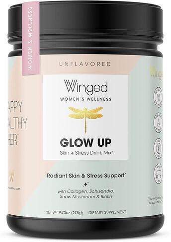 Winged Glow Up Collagen Powder | Better Hair, Skin, Nails for Women | Grass Fed Collagen Peptides w/Adaptogen Schisandra, Snow Mushroom, Vitamin C & Biotin | Unflavored (Single Serving), Non GMO in Saudi Arabia