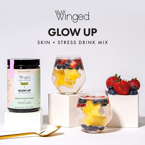 Winged Glow Up Collagen Powder | Better Hair, Skin, Nails for Women | Grass Fed Collagen Peptides w/Adaptogen Schisandra, Snow Mushroom, Vitamin C & Biotin | Unflavored (Single Serving), Non GMO in Saudi Arabia