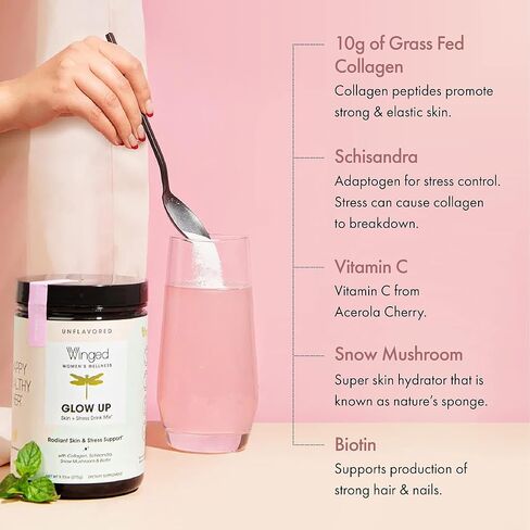 Winged Glow Up Collagen Powder | Better Hair, Skin, Nails for Women | Grass Fed Collagen Peptides w/Adaptogen Schisandra, Snow Mushroom, Vitamin C & Biotin | Unflavored (Single Serving), Non GMO in Saudi Arabia