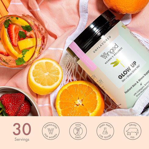 Winged Glow Up Collagen Powder | Better Hair, Skin, Nails for Women | Grass Fed Collagen Peptides w/Adaptogen Schisandra, Snow Mushroom, Vitamin C & Biotin | Unflavored (Single Serving), Non GMO in Saudi Arabia