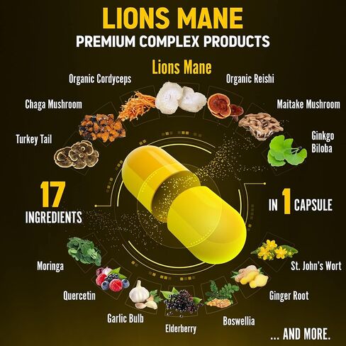 Lions Mane Mushroom Complex Capsules, Equivalent to 22000mg, with Cordeyceps, Reishi, Elderberry, Ginkgo Biloba, Bacopa, Focus, Memory and Brain Support Supplement, Immune Support, Energy Pills in Kuwait
