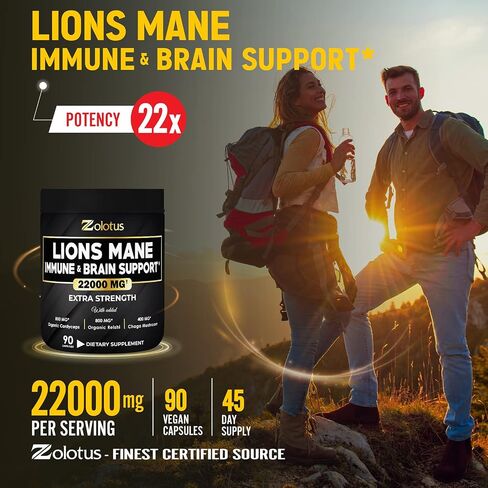 Lions Mane Mushroom Complex Capsules, Equivalent to 22000mg, with Cordeyceps, Reishi, Elderberry, Ginkgo Biloba, Bacopa, Focus, Memory and Brain Support Supplement, Immune Support, Energy Pills in Kuwait