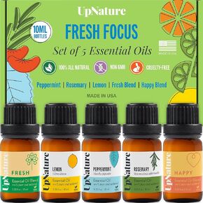 مجموعة الزيوت العطرية من UpNature، أفضل 5-100% من الزيوت العطرية النقية لأجهزة توزيع الروائح - النعناع والليمون وإكليل الجبل والمزيج السعيد والزيوت العطرية الطازجة لتعزيز التركيز والمزاج - هدايا مريحة للنساء والرجال in Kuwait
