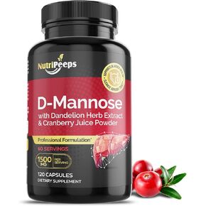NutriPeeps D-Mannose 1500mg، 120 كبسولة مع مستخلصات عشبة الهندباء والتوت البري، تطهير المسالك البولية الطبيعي لدعم التهاب المسالك البولية، التنظيف وإزالة السموم من الشوائب، للرجال والنساء. in Kuwait