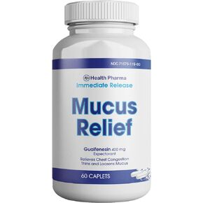 Health Pharma Mucus Relief Guaifenesin 400 mg مقشع سريع المفعول، رقيق ويخفف المخاط والسعال والبرد والأنفلونزا أقارنه بالمكونات النشطة Mucinex (صغير، 60 قطعة) in Kuwait