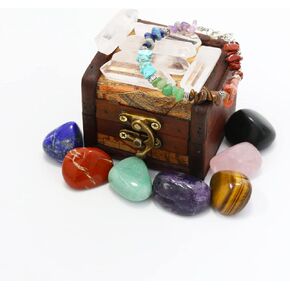 Crystals and Healing Stones Set in Wooden Display Box, Gemstones and Crystals Kit, 7 Chakra Stones, Raw Crystals for Beginners, Witchcraft Supplies and Tools, Spiritual Gifts for Women