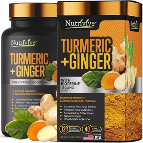 مكمل غذائي كركم بالكركم والزنجبيل مضاد للالتهابات مع الفلفل الاسود، 95% كركومينويد مع بيوبيرين 1500 ملغ، دعم طبيعي للمناعة، مكملات الزنجبيل الكركم من نيوتريفايف™، 120 كبسولة in Kuwait