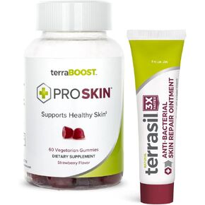 مرهم تيراسيل لإصلاح البشرة وعلكة تيرابوست بروسكين - مكون من مكونات طبيعية - مثالي لدعم صحة البشرة - مجموعة من المنتجات (أنبوب 14 جم + 60 علكة فراولة صديقة للنباتيين) in Kuwait