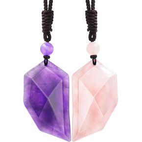 Domika 2pcs Healing Stone Matching Heart Couples Necklace Amethyst Rose Quartz Crystal Pendant Adjustable Rope Love Puzzle Necklace for Men Women