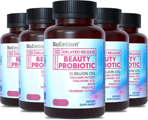 BioEmblem Beauty Probiotics for Women, 35 Billion CFU 14 Strains with Biotin, Collagen, Prebiotics for Digestive Health, Hair Skin and Nails, Vaginal Probiotics Supplement, Shelf Stable, 60 Caps in Kuwait