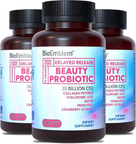 BioEmblem Beauty Probiotics for Women, 35 Billion CFU 14 Strains with Biotin, Collagen, Prebiotics for Digestive Health, Hair Skin and Nails, Vaginal Probiotics Supplement, Shelf Stable, 60 Caps in Kuwait