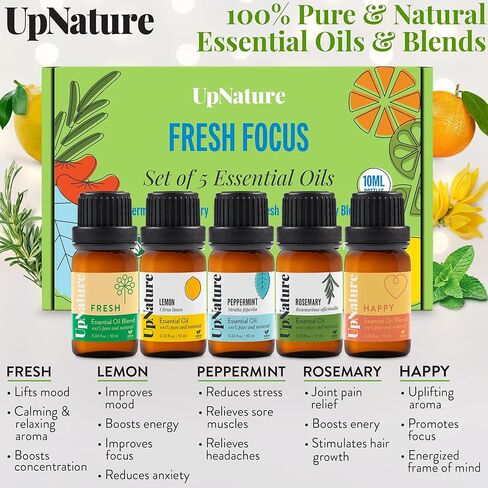 مجموعة الزيوت العطرية من UpNature، أفضل 5-100% من الزيوت العطرية النقية لأجهزة توزيع الروائح - النعناع والليمون وإكليل الجبل والمزيج السعيد والزيوت العطرية الطازجة لتعزيز التركيز والمزاج - هدايا مريحة للنساء والرجال in Kuwait