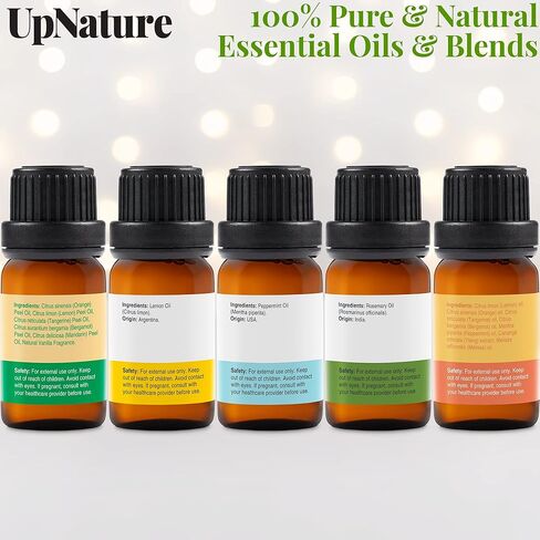 مجموعة الزيوت العطرية من UpNature، أفضل 5-100% من الزيوت العطرية النقية لأجهزة توزيع الروائح - النعناع والليمون وإكليل الجبل والمزيج السعيد والزيوت العطرية الطازجة لتعزيز التركيز والمزاج - هدايا مريحة للنساء والرجال in Kuwait