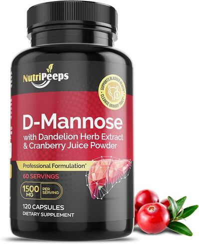 NutriPeeps D-Mannose 1500mg، 120 كبسولة مع مستخلصات عشبة الهندباء والتوت البري، تطهير المسالك البولية الطبيعي لدعم التهاب المسالك البولية، التنظيف وإزالة السموم من الشوائب، للرجال والنساء. in Kuwait