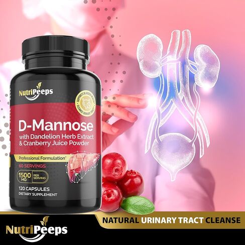 NutriPeeps D-Mannose 1500mg، 120 كبسولة مع مستخلصات عشبة الهندباء والتوت البري، تطهير المسالك البولية الطبيعي لدعم التهاب المسالك البولية، التنظيف وإزالة السموم من الشوائب، للرجال والنساء. in Kuwait