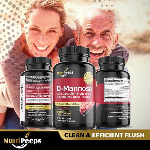 NutriPeeps D-Mannose 1500mg، 120 كبسولة مع مستخلصات عشبة الهندباء والتوت البري، تطهير المسالك البولية الطبيعي لدعم التهاب المسالك البولية، التنظيف وإزالة السموم من الشوائب، للرجال والنساء. in Kuwait
