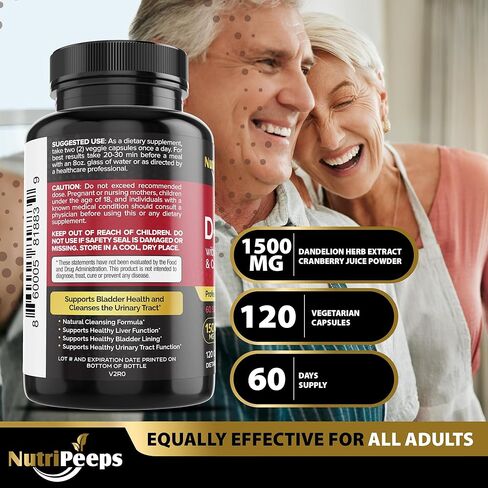 NutriPeeps D-Mannose 1500mg، 120 كبسولة مع مستخلصات عشبة الهندباء والتوت البري، تطهير المسالك البولية الطبيعي لدعم التهاب المسالك البولية، التنظيف وإزالة السموم من الشوائب، للرجال والنساء. in Kuwait