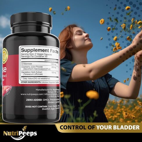 NutriPeeps D-Mannose 1500mg، 120 كبسولة مع مستخلصات عشبة الهندباء والتوت البري، تطهير المسالك البولية الطبيعي لدعم التهاب المسالك البولية، التنظيف وإزالة السموم من الشوائب، للرجال والنساء. in Kuwait