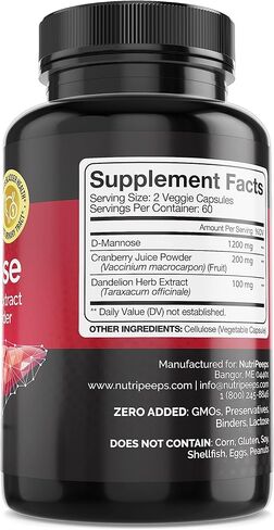 NutriPeeps D-Mannose 1500mg، 120 كبسولة مع مستخلصات عشبة الهندباء والتوت البري، تطهير المسالك البولية الطبيعي لدعم التهاب المسالك البولية، التنظيف وإزالة السموم من الشوائب، للرجال والنساء. in Kuwait