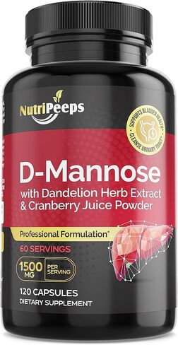 NutriPeeps D-Mannose 1500mg، 120 كبسولة مع مستخلصات عشبة الهندباء والتوت البري، تطهير المسالك البولية الطبيعي لدعم التهاب المسالك البولية، التنظيف وإزالة السموم من الشوائب، للرجال والنساء. in Kuwait