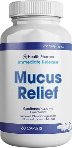 Health Pharma Mucus Relief Guaifenesin 400 mg مقشع سريع المفعول، رقيق ويخفف المخاط والسعال والبرد والأنفلونزا أقارنه بالمكونات النشطة Mucinex (صغير، 60 قطعة) in Kuwait
