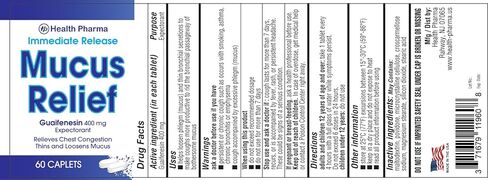Health Pharma Mucus Relief Guaifenesin 400 mg مقشع سريع المفعول، رقيق ويخفف المخاط والسعال والبرد والأنفلونزا أقارنه بالمكونات النشطة Mucinex (صغير، 60 قطعة) in Kuwait