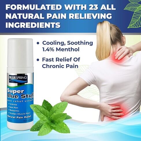 Super Blue Stuff Natural Pain Relief roll on with Emu Oil by BlueSpring- Pain relief rub Anti Inflammatory Analgesic Cream for Back, Knee, Joint, Muscle, Arthritis, and neck Pain Relief- 3 Oz roll-on. in Saudi Arabia