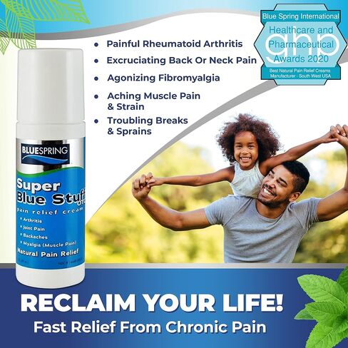 Super Blue Stuff Natural Pain Relief roll on with Emu Oil by BlueSpring- Pain relief rub Anti Inflammatory Analgesic Cream for Back, Knee, Joint, Muscle, Arthritis, and neck Pain Relief- 3 Oz roll-on. in Saudi Arabia