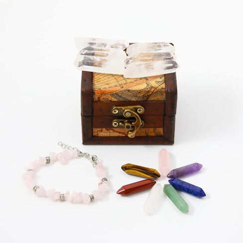 Crystals and Healing Stones Set in Wooden Display Box, Gemstones and Crystals Kit, 7 Chakra Stones, Raw Crystals for Beginners, Witchcraft Supplies and Tools, Spiritual Gifts for Women in Kuwait