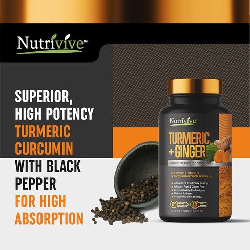 مكمل غذائي كركم بالكركم والزنجبيل مضاد للالتهابات مع الفلفل الاسود، 95% كركومينويد مع بيوبيرين 1500 ملغ، دعم طبيعي للمناعة، مكملات الزنجبيل الكركم من نيوتريفايف™، 120 كبسولة in Kuwait