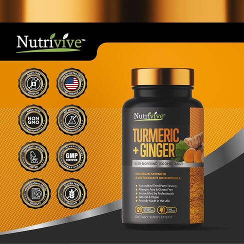 مكمل غذائي كركم بالكركم والزنجبيل مضاد للالتهابات مع الفلفل الاسود، 95% كركومينويد مع بيوبيرين 1500 ملغ، دعم طبيعي للمناعة، مكملات الزنجبيل الكركم من نيوتريفايف™، 120 كبسولة in Kuwait