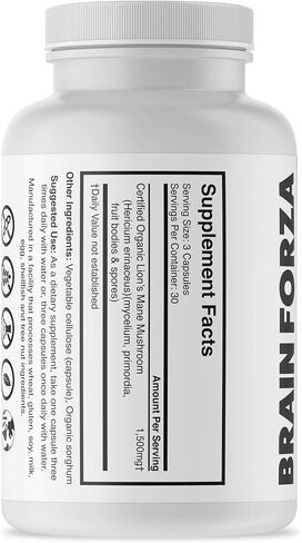 كبسولات فطر الاسد العضوي من برين فورزا، دعم طبيعي للصفاء الذهني والتركيز والذاكرة والاعصاب والصحة المعرفية، غير معدلة وراثيا، نباتية، عضوية، 90 كبسولة in Kuwait