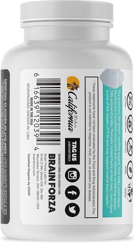 كبسولات فطر الاسد العضوي من برين فورزا، دعم طبيعي للصفاء الذهني والتركيز والذاكرة والاعصاب والصحة المعرفية، غير معدلة وراثيا، نباتية، عضوية، 90 كبسولة in Kuwait