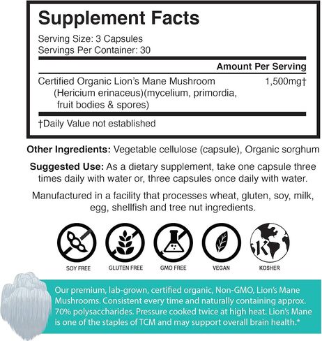 كبسولات فطر الاسد العضوي من برين فورزا، دعم طبيعي للصفاء الذهني والتركيز والذاكرة والاعصاب والصحة المعرفية، غير معدلة وراثيا، نباتية، عضوية، 90 كبسولة in Kuwait