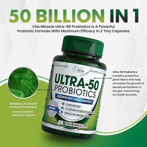 البروبيوتيك 50 مليار مع البريبايوتكس - للنساء والرجال، 18 سلالة حاصلة على براءة اختراع، مكمل بروبيوتيك ثابت لتأخر الإطلاق لصحة الجهاز الهضمي، القولون العصبي والانتفاخ in Kuwait